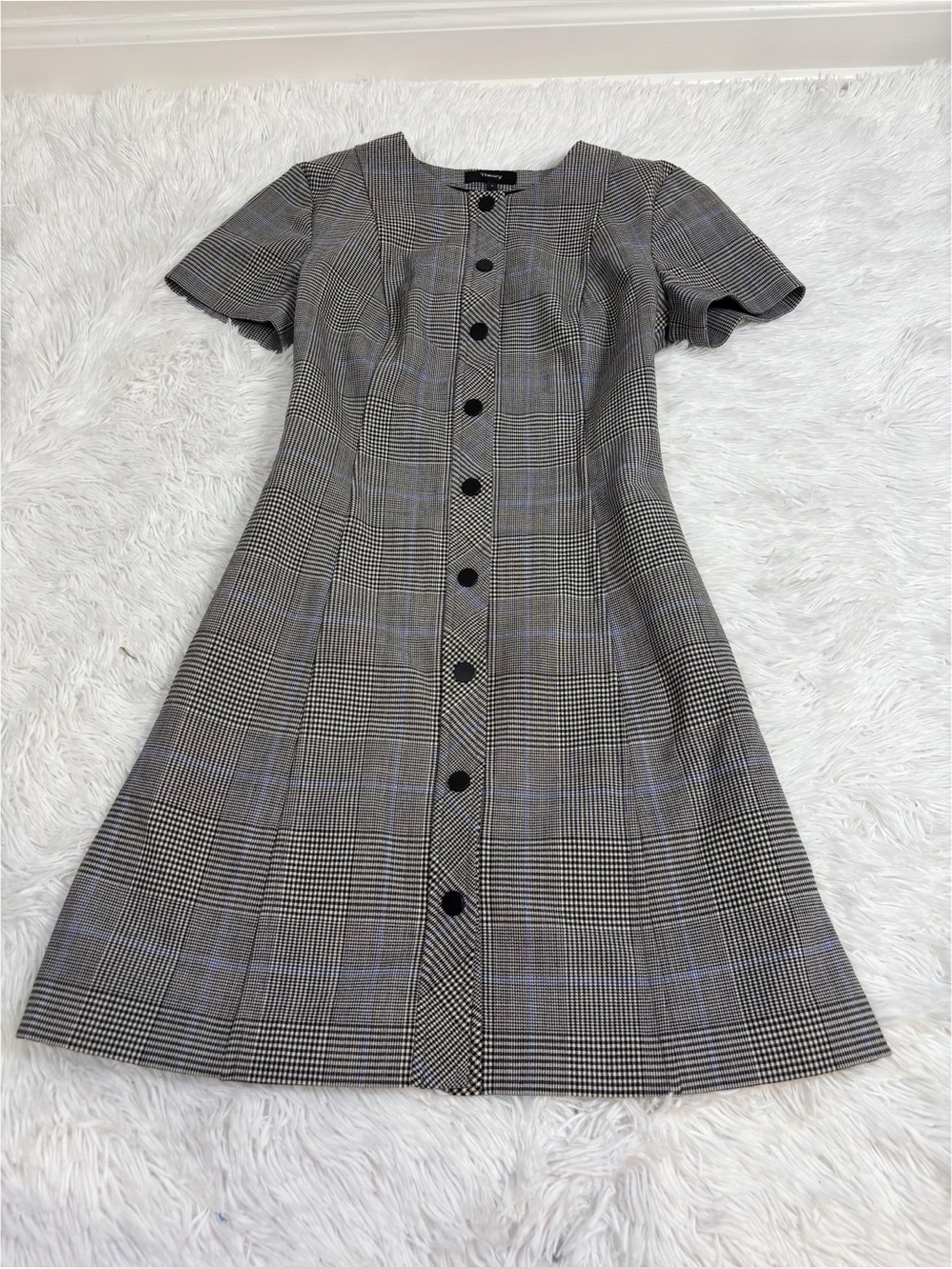 Theory petite short sleeve Grey Plaid Button-Front wool blend Dress snap buttons